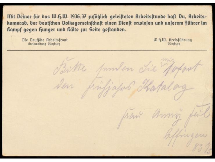 Sonderganzsache für das WHW 6 + 4 Pf., rückseitig vierzeiliger  Zudruck der W.H.W. Kreisführung Günzburg,  Stempel Offingen 2
