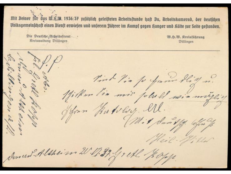 Sonderganzsache für das WHW 6 + 4 Pf., rückseitig vierzeiliger  Zudruck der W.H.W. Kreisführung Dillingen,  Stempel Dillingen