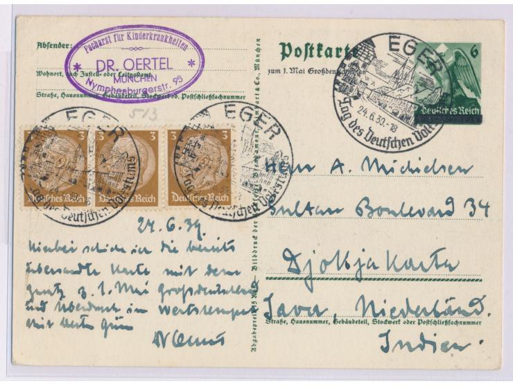 Sonderganzsache 6 Pf. mit Zusatzfrankatur 3 x 3 Pf. Hindenburg  nach Niederländisch-Indien,  Sonderstempel  Eger - Tag des De