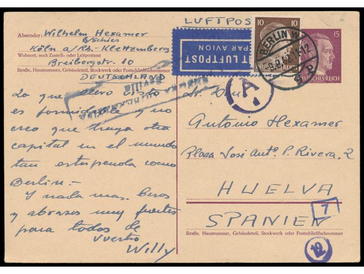 Ganzsache 15 Pf. Hitler mit Zusatzfrankatur 10 Pf. als Luftpostkarte nach Spanien,  Stempel  Berlin W 9  9.9.42, Zensurstempe