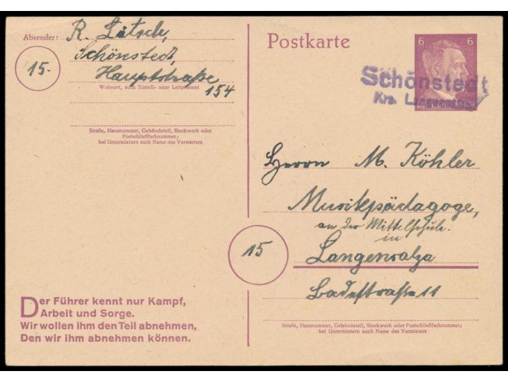 Hitler-Ganzsache 6 Pf. mit violettem  Not-L2 Schönstedt / Krs. Langensalza  nach Langensalza, rückseitig datiert 10.1.1945, B