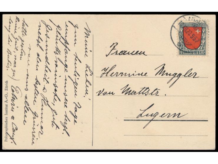 schweizer Ansichtskarte  Zeppelin über Goldau 20.7.1911, (LZ  10 Schwaben),  mit 7 1/2 Ct. Pro Juventute, Stempel Aarau 10.12