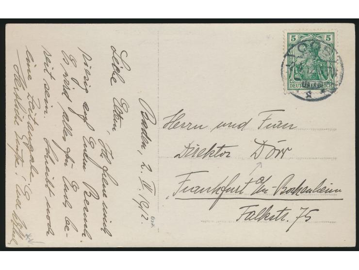 Luftschiffaufnahme  von Baden-Baden (mit Luftschiffhalle) mit 5 Pfg. Germania (Eckbug), Stempel Oos 2.4.12, Schreiber der Kar