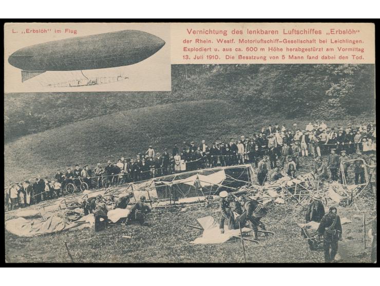 Ansichtskarte des  lenkbaren Luftschiffs "Erbslöh"  von seiner Absturzstelle bei  Leichlingen  am 13.7.1910. Oskar Erbslöh ba