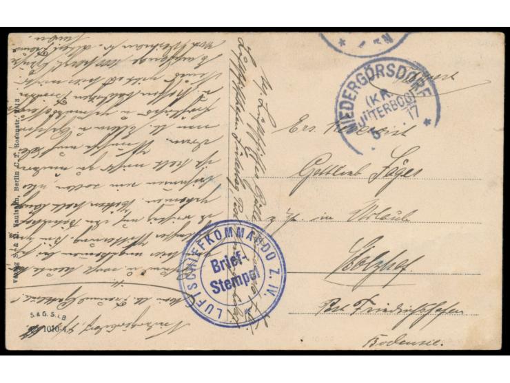 Stempel &nbsp;Niedergörsdorf &nbsp;5.1.17 und Briefstempel &nbsp;Luftschiffkommando Z. IV &nbsp;(LZ 16) auf Ansichtskarte Jüt