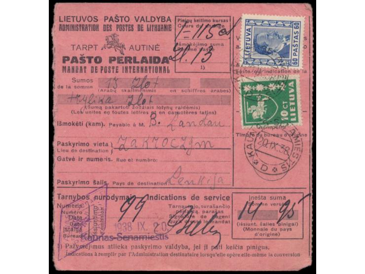 10 C. Wappen und 60 C. Smetona auf  Internationaler Postanweisung  auf 13 Zl. nach Polen, Stempel  Kaunas - Semamiestis  20.9