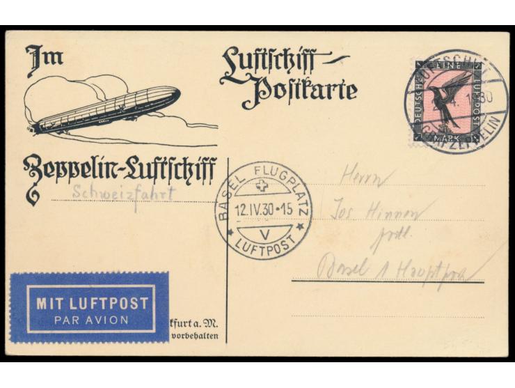 Schweizfahrt 12.4.1930,  Luftschiff-Postkarte mit 1 M. Flugpost nach Basel, Bordpoststempel Luftschiff Graf Zeppelin 12.4.193