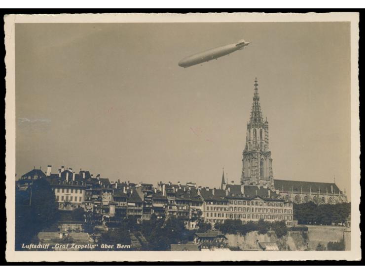 Landungsfahrt nach Bern und Basel  12.10.1930, Foto-Ansichtskarte "Luftschiff Graf Zeppelin über Bern" mit Stempel "Offiz. Ka