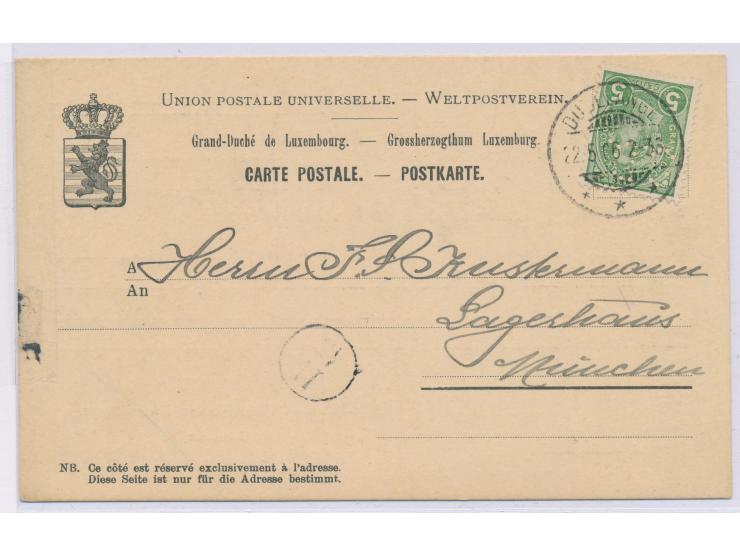 5 C. (1895) mit  Perfin "S.D."  auf Firmenkarte des "Eisenhütten-Actien-Verein Düdelingen", Stempel Dudelange 22.5.06, nach M