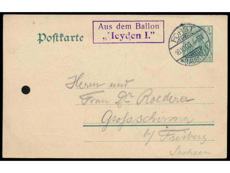 Ganzsache 5 Pf. mit Stempel  Forst (Lausitz)  18.10.09 und violettem R2  Aus dem Ballon "Heyden I." , rückseitig Buntstiftzei
