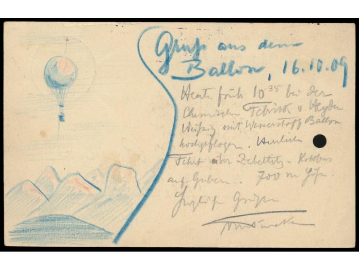 Ganzsache 5 Pf. mit Stempel  Forst (Lausitz)  18.10.09 und violettem R2  Aus dem Ballon "Heyden I." , rückseitig Buntstiftzei