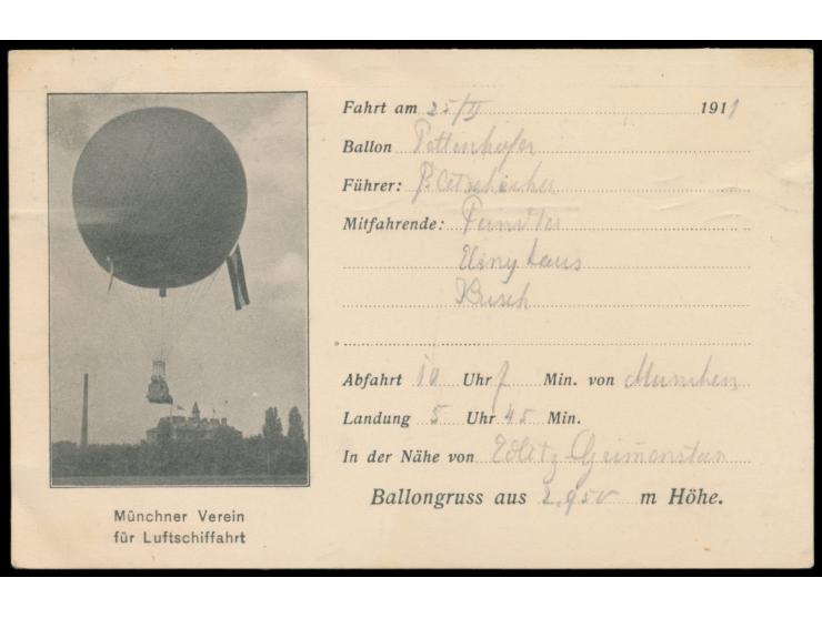 Abwurfkarte  "Ballongruss aus 2950 m Höhe ..." des  Münchner Verein für Luftschiffahrt,  abgeworfen vom  Ballon Pettenkofer  