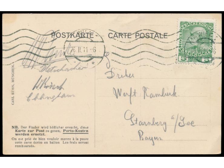 Abwurfkarte  "Ballongruss aus 2950 m Höhe ..." des  Münchner Verein für Luftschiffahrt,  abgeworfen vom  Ballon Pettenkofer  