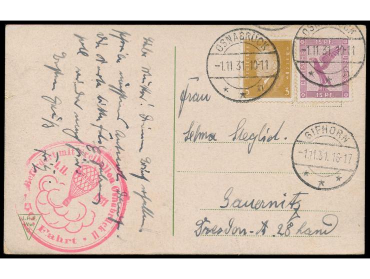 Freiballon Osnabrück II,  3 und 15 Pf. auf Ansichtskarte mit Stempel Osnabrück 1 1.11.31 nach Gauernitz, roter  Bestätigungss
