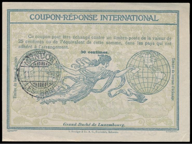 Internationaler Antwortschein  30 C., Muster Rom, Ausgabestempel  Mondorf les Bains  11.1.15, rechts unten winziger Eckbug
St