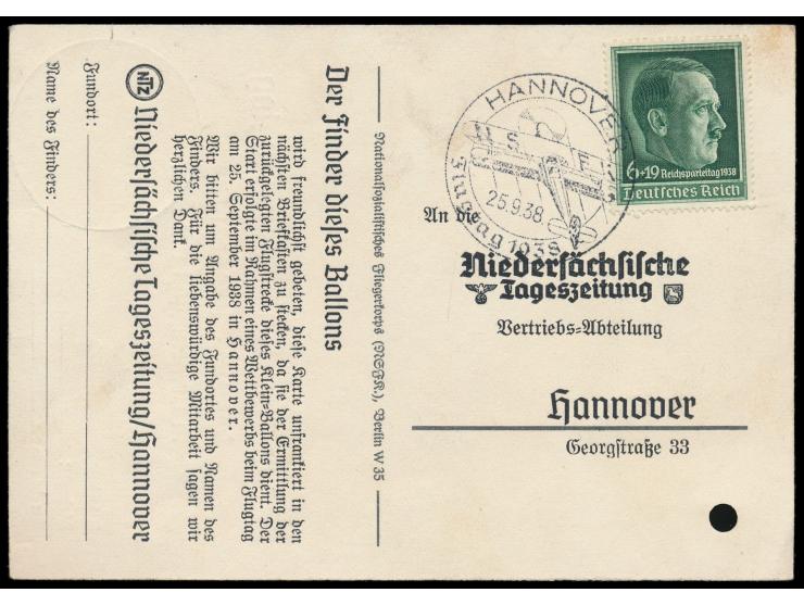 Sonderkarte &nbsp;NS-Fliegerkorps &nbsp;mit Zudruck &quot;Freundliche Grüße vom Flugtag ... Hannover, m 25. September 1938&qu