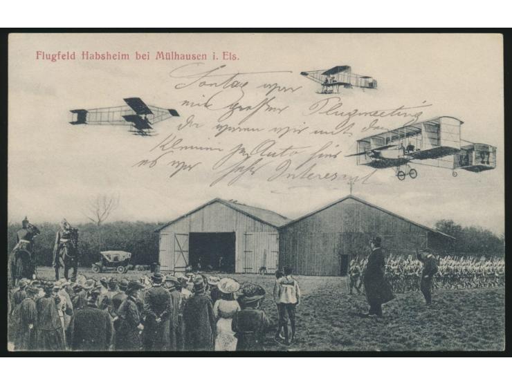 2 Ansichtskarten  Flugfeld Habsheim  bei Mülhausen, gleiches Bild mit  Emile Jeannin  mit 1 bzw. 3 Flugzeugen, 1x Marke entfe