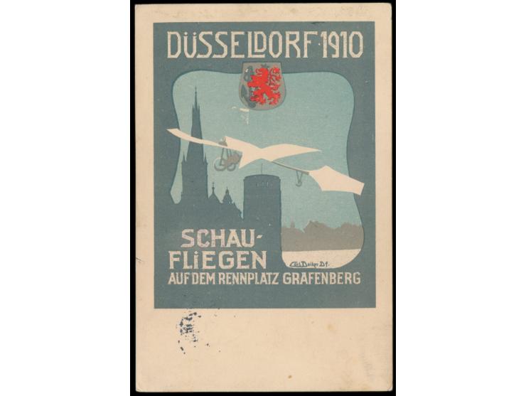 Sonderkarte  Schaufliegen Düsseldorf 1910 ... Rennplatz Grafenberg,  sign. Carl Deiker, Hrsg. Deutscher Luftflotten-Verein Dü
