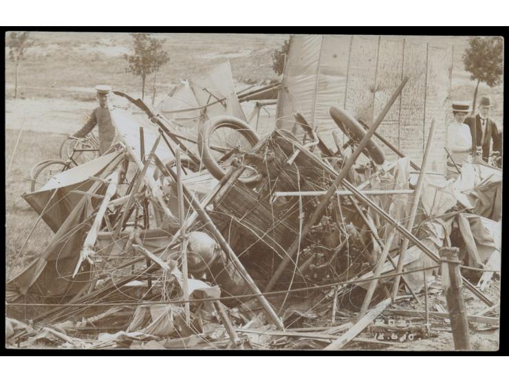 Foto- Ansichtskarte vom Absturz des Radrennfahrers und Piloten  Thadäus Robl am 18.6.1910  in Stettin, verwendet mit 5 Pfg. A