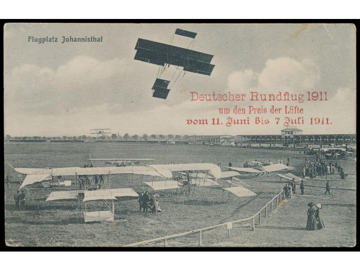 Sonderkarte  Deutscher Rundflug 1911,  roter Zudruck auf Ansichtskarte Flugplatz  Johannisthal,  ungebraucht
Stichwort: Berli