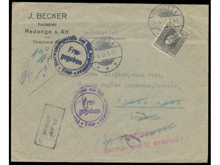 Einzelfrankatur 40 C. auf  Einschreibbrief nach Argentinien,  Stempel Redange s. A. 3.4.18,  Zensurstempel Trier  (schwarz un