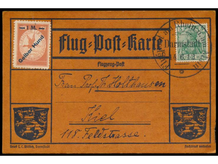1 M. Gelber Hund  ungestempelt auf orangener Flugpost-Karte mit 5 Pfg. Germania nach Kiel, Sonderstempel  Flugpost Darmstadt 
