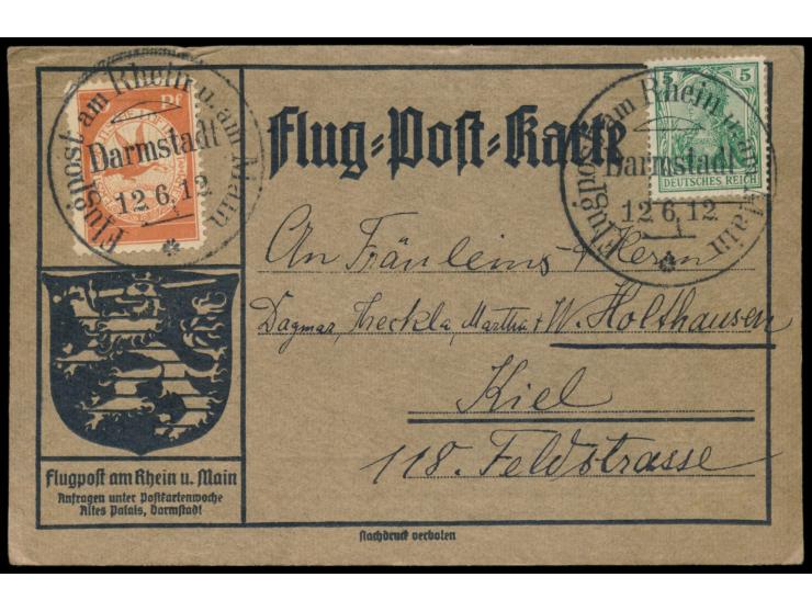 1 M. Gelber Hund  ungestempelt auf orangener Flugpost-Karte mit 5 Pfg. Germania nach Kiel, Sonderstempel  Flugpost Darmstadt 