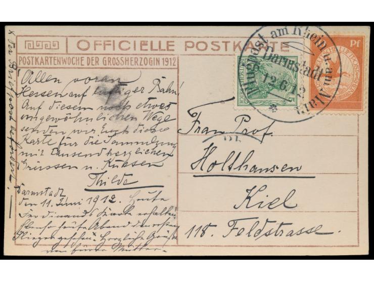 1 M. Gelber Hund  ungestempelt auf orangener Flugpost-Karte mit 5 Pfg. Germania nach Kiel, Sonderstempel  Flugpost Darmstadt 