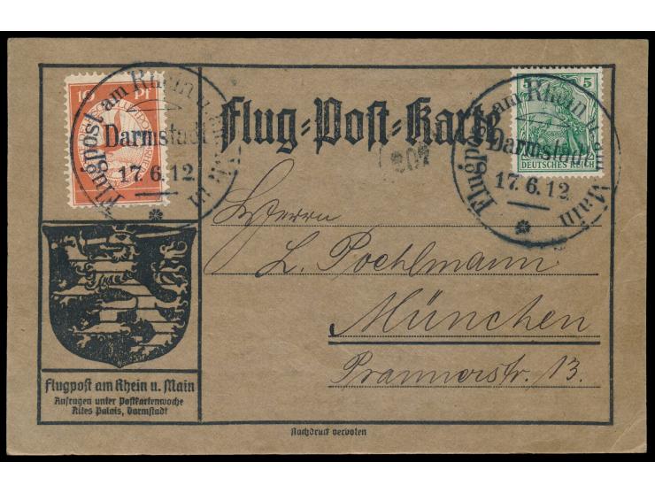 Flugpost am Rhein und Main, &nbsp;Flugpostmarke 10 Pf. und 5 Pf. Germania auf amtlicher Postkarte mit rückseitig &nbsp;Textzu