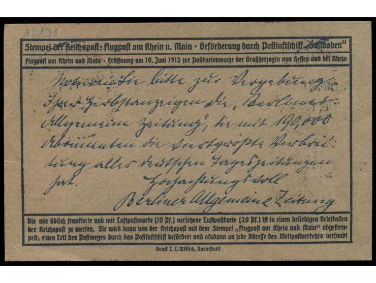 Flugpost am Rhein und Main, &nbsp;Flugpostmarke 10 Pf. und 5 Pf. Germania auf amtlicher Postkarte mit rückseitig &nbsp;Textzu