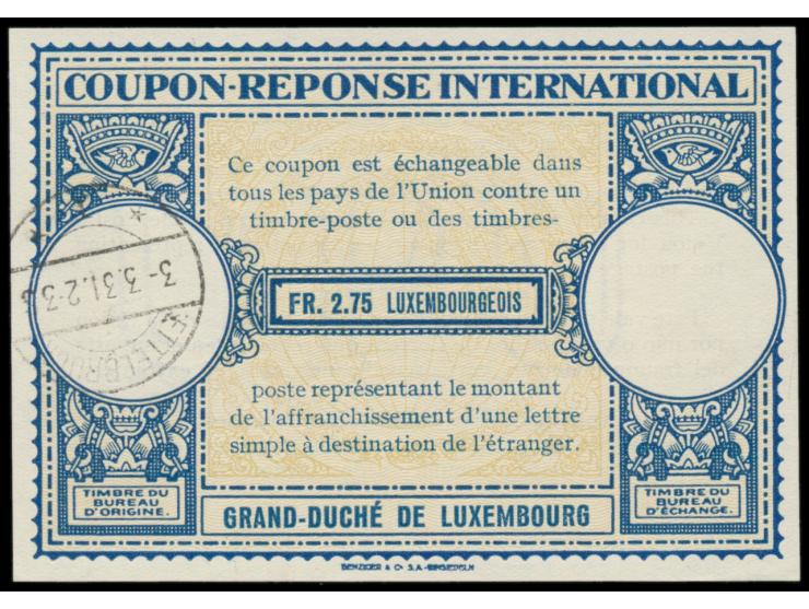 Internationaler Antwortschein,  Muster London, Wertangabe 2,75 Fr., Ausgabestempel  Ettelbruck 3.3.31
Stichwort: Internationa