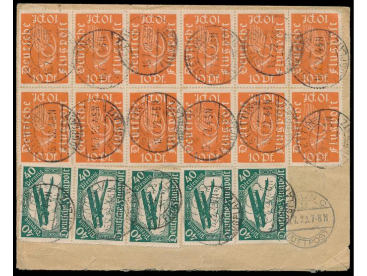 Luftpostbrief mit rückseitig  Flugpost-Ausgabe  12 x 10 Pf. und 5 x 40 Pf., Stempel  Stettin-Flugplatz  15.7.22 nach Hagen in