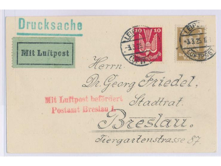 Leipziger Messe,  Messeflug nach Breslau, Drucksachenkarte, Frankatur 3 Pf. und 10 Pf., Stempel Leipzig Luftpost 3.3.25, rote