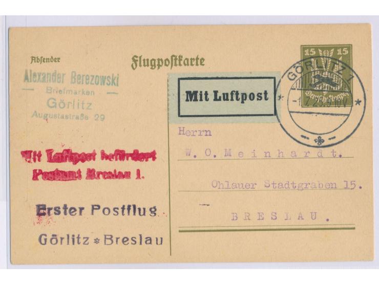 Erstflug Görlitz - Breslau  1.7.1925, Flugpost-Ganzsache 15 Pf. mit Flugplatz-Stempel  Görlitz 1  1.7.25, roter L2 Mit Luftpo