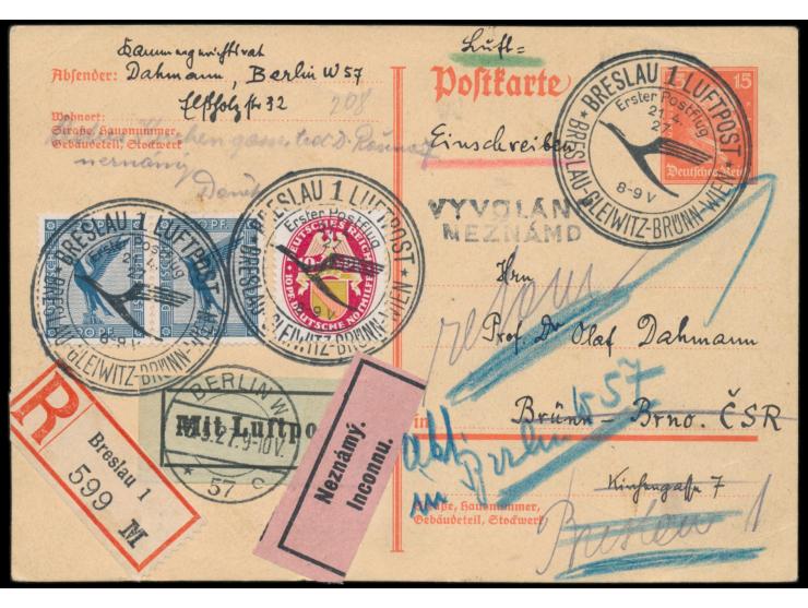 Erstflug Breslau - Brünn &nbsp;21.4.1927, Ganzsache 15 Pf. mit Zusatzfrankatur als &nbsp;Einschreiben-Luftpostkarte, &nbsp;So