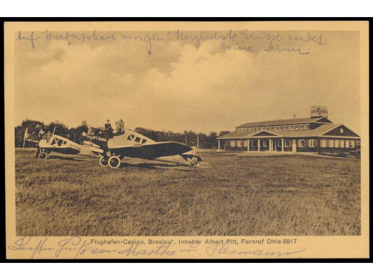 Ansichtskarte  "Flughafen-Casino, Breslau" , im Vordergrund 2 Junkers F13-Flugzeuge der Lufthansa (1 x mit Nr. D 338), adress