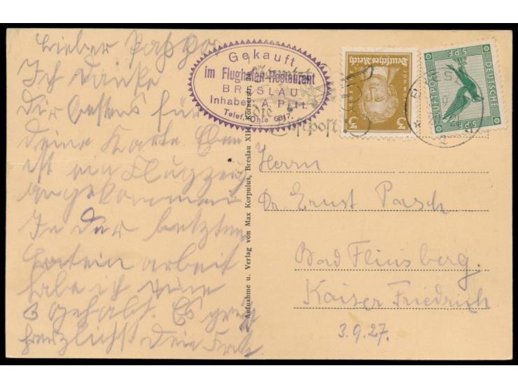 Ansichtskarte  "Flughafen-Casino, Breslau" , im Vordergrund 2 Junkers F13-Flugzeuge der Lufthansa (1 x mit Nr. D 338), adress