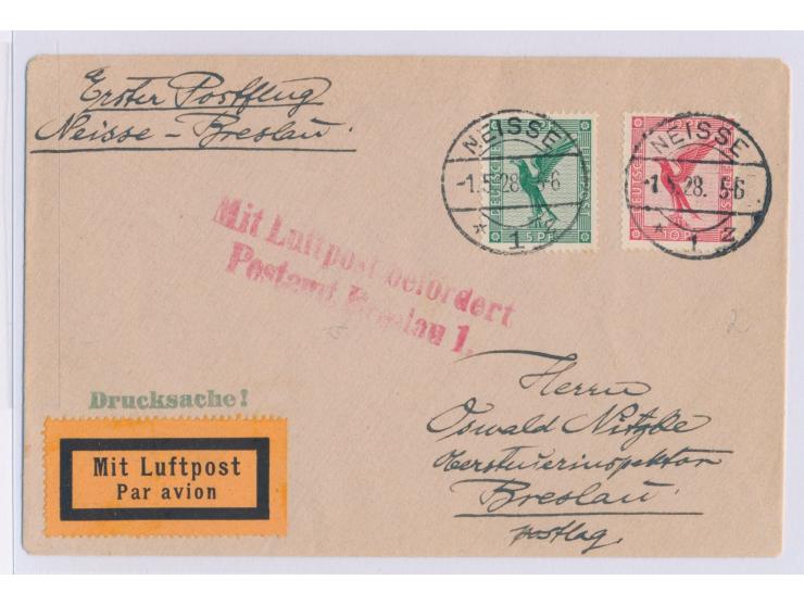 Erstflug Neisse - Breslau  1.5.1928, Luftpost-Drucksache mit Stempel Neisse 1.5.28, roter L2 Mit Luftpost befördert / Postamt