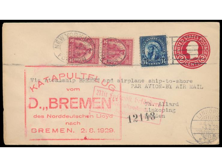 USA-Ganzsachenumschlag  2 C. mit Zusatzfrankatur 18 C. von  New York  26.7.29  nach Schweden,  roter Sonderstempel  "Katapult