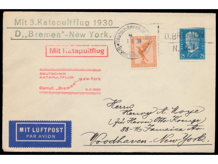 Schleuderflug Dampfer Bremen - New York  6.6.1930, Brief mit Dt. Reich 25 Pf. Hindenburg und 50 Pf. Flugpost nach USA, Maschi