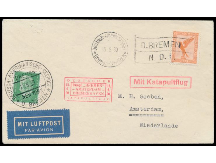 Schleuderflug Dampfer Bremen - Amsterdam - Bremerhaven  15.6.1930, Brief mit Dt. Reich 5 Pf. Hindenburg und 50 Pf. Flugpost n