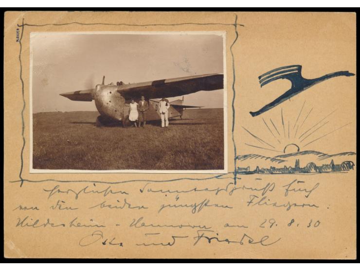 Orts-GA 5 Pfg. Hindenburg, Stempel Hannover 1 30.8.30, rückseitig  Originalfoto eines Flugzeuges,  vermutlich eine  Albatros,