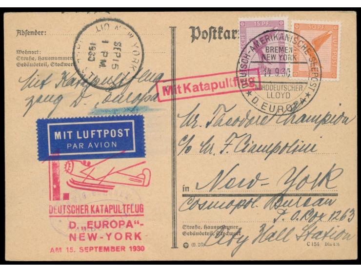 1. Deutscher Katapultflug D. Europa - New York am 15. September 1930,  Luftpostkarte mit Dt. Reich 15 Pf. und 50 Pf. Flugpost
