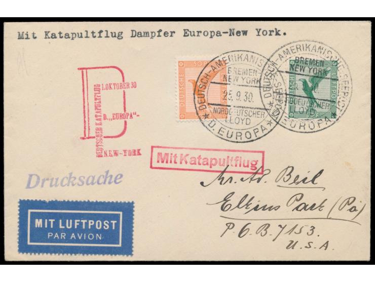 Schleuderflug Dampfer Europa - New York  1. Oktober 1930, Luftpost-Drucksache mit Dt. Reich 5 Pf. und 50 Pf. Flugpost, Stempe
