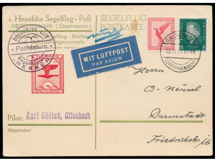 1. Hessische Segelflug-Post Herchenhain (Oberhessen) : &nbsp;&nbsp;offizielle Postkarte mit &nbsp;eingedruckter Flugmarke &nb