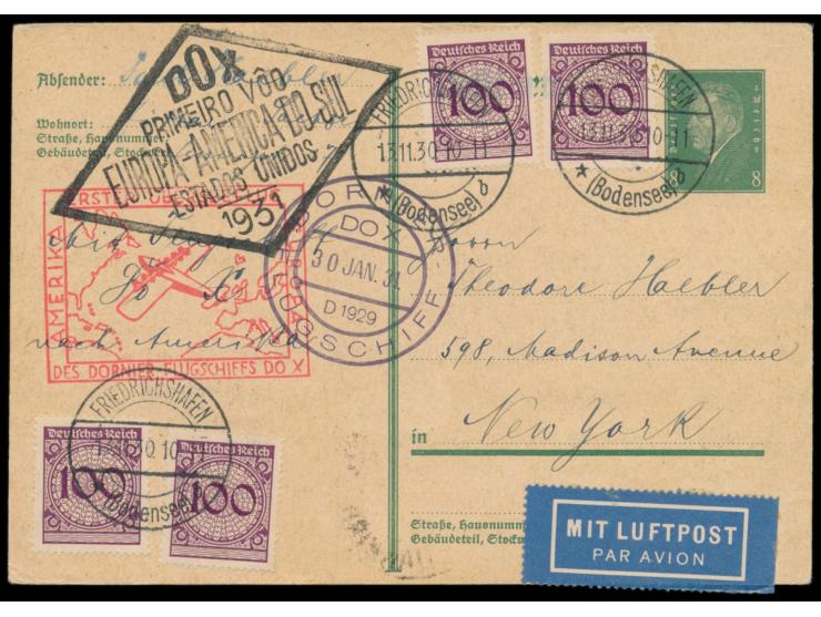 Do X-Flug,  4 x 100 Pf. auf Ganzsache 8 Pf. mit Aufgabestempel  Friedrichshafen (Bodensee)  13.11.30 via Rio nach New York,, 