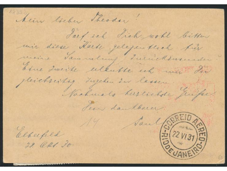 Do X-Flug,  4 x 100 Pf. auf Ganzsache 8 Pf. mit Aufgabestempel  Friedrichshafen (Bodensee)  13.11.30 via Rio nach New York,, 