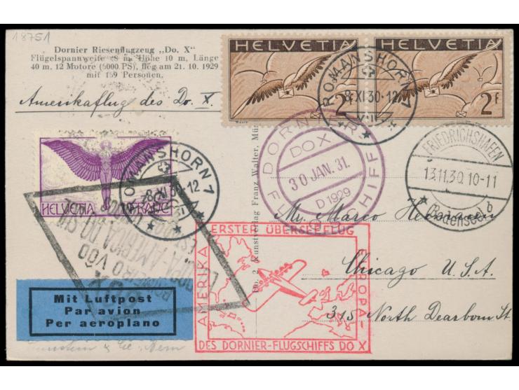 Amerikaflug Do. X:   Foto-Ansichtskarte "Riesenflugzeug Do. X" mit  Schweiz  1 Fr. und 2 x 2 Fr. Flugpost, Stempel  Romanshor