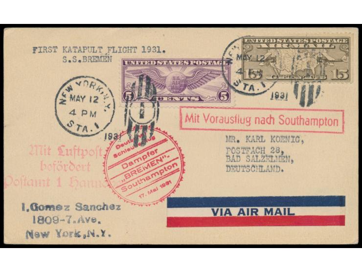 Schleuderflug Dampfer Bremen - Southampton  17.5.1931, Postkarte mit USA 5 C. und 15 C. Flugpost nach Deutschland, Stempel Ne