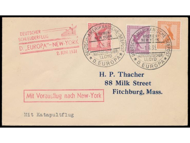 Schleuderflug Dampfer Europa - New York  2.6.1931, Brief mit Dt. Reich 10 Pf., 15 Pf. und 50 Pf. Flugpost, Stempel  Deutsch-A